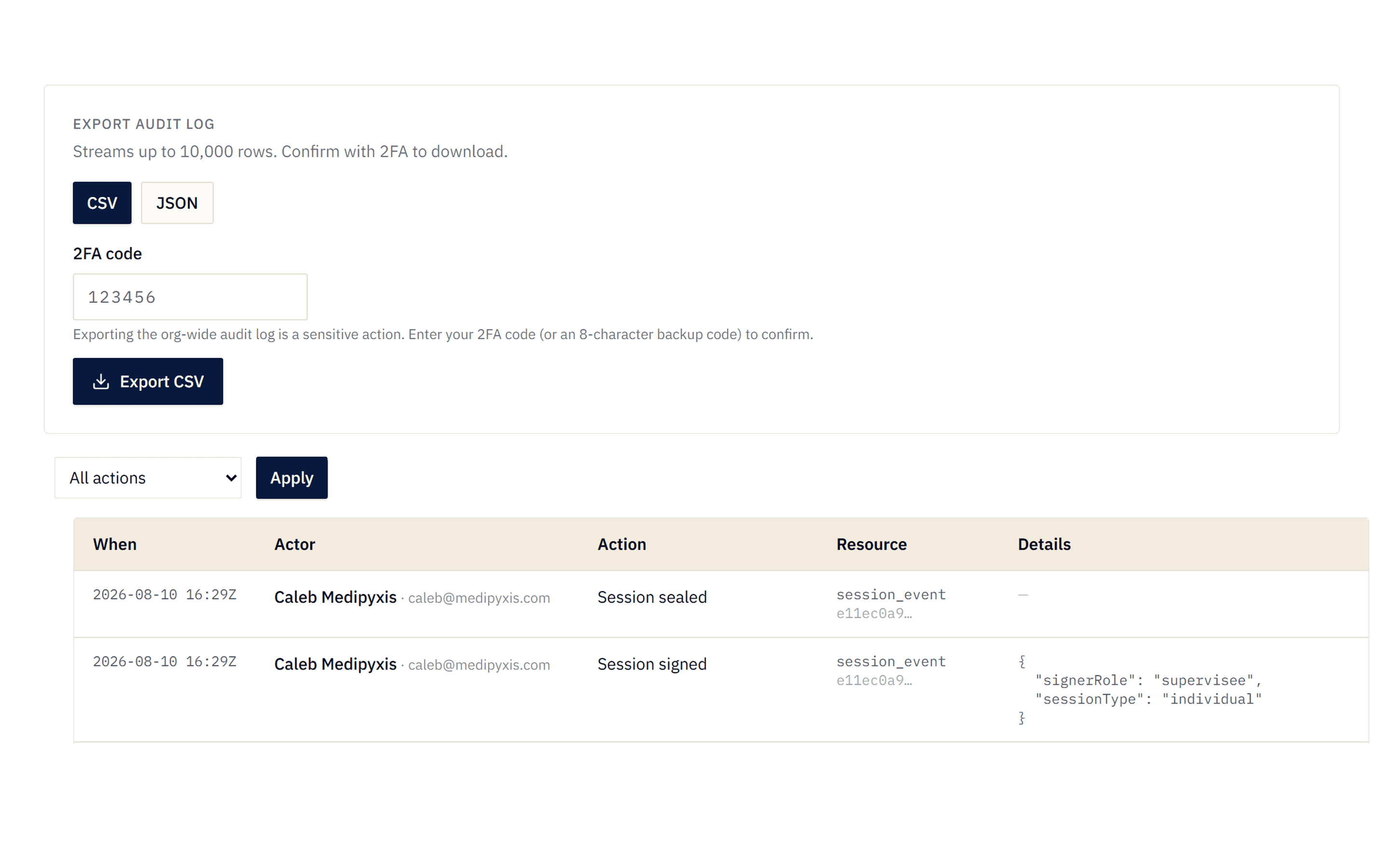 AuditHalo audit log with 2FA-gated CSV export and immutable event history