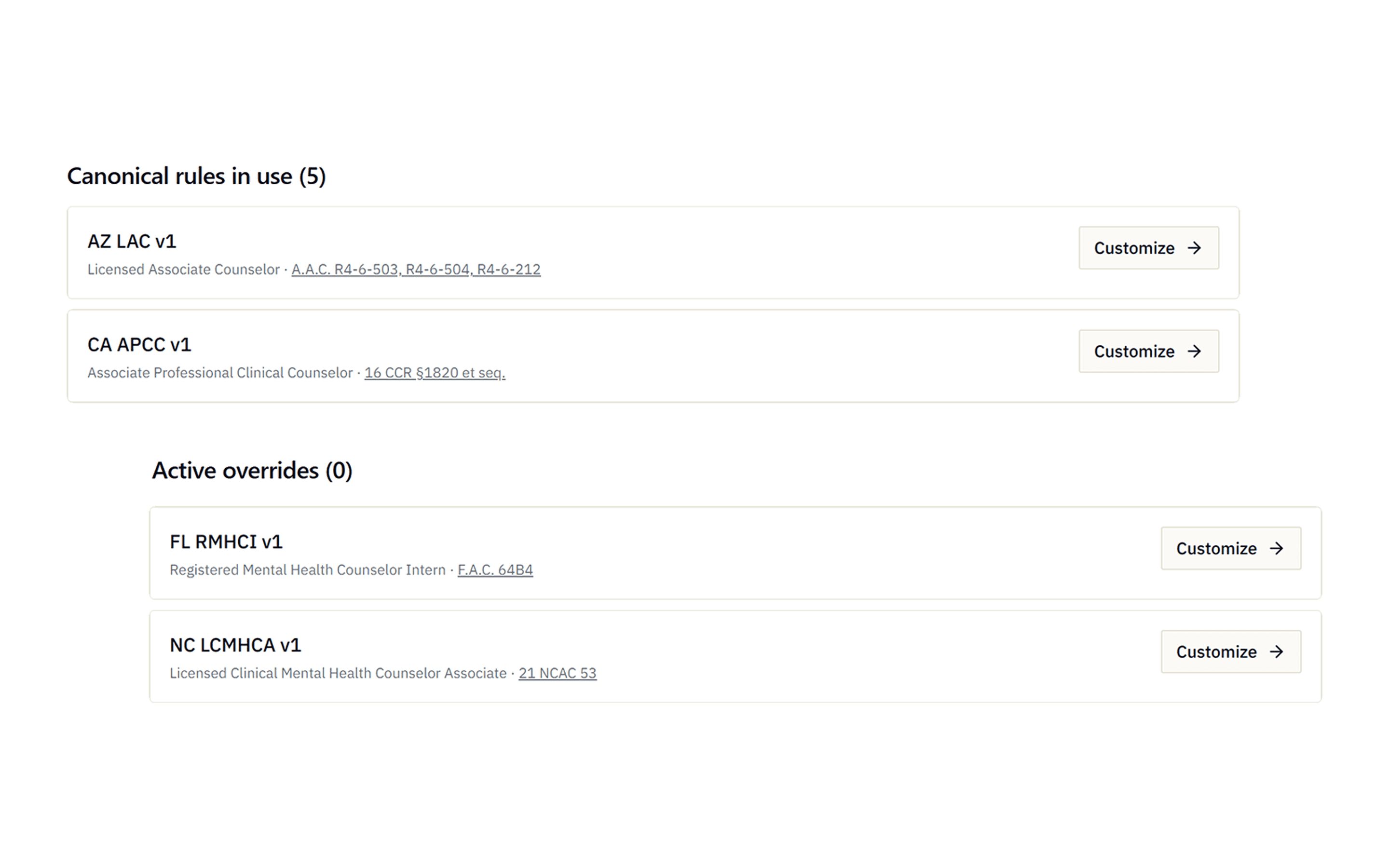 AuditHalo rules engine showing canonical state rules with citation links to AZ, CA, FL, and NC admin codes